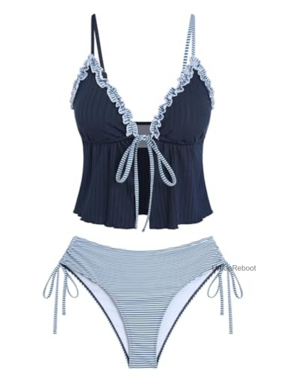 Women's Smocked Ruffled Tie Front Tankini Swimsuit Set Tummy Control